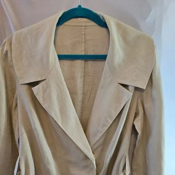 LINEN TOP WRAP JACKET TAN 3/4 SLEEVE SIZE MEDIUM LARGE VNECK COVERED FRONT SNAPS - Picture 2 of 8